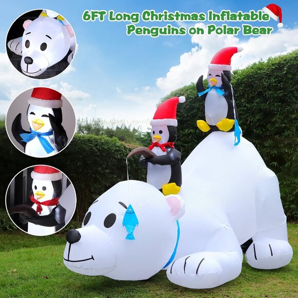 ⚡6FT Christmas Inflatables Cute Polar Bear with Penguins Outdoor Decorations - Picture 4 of 6